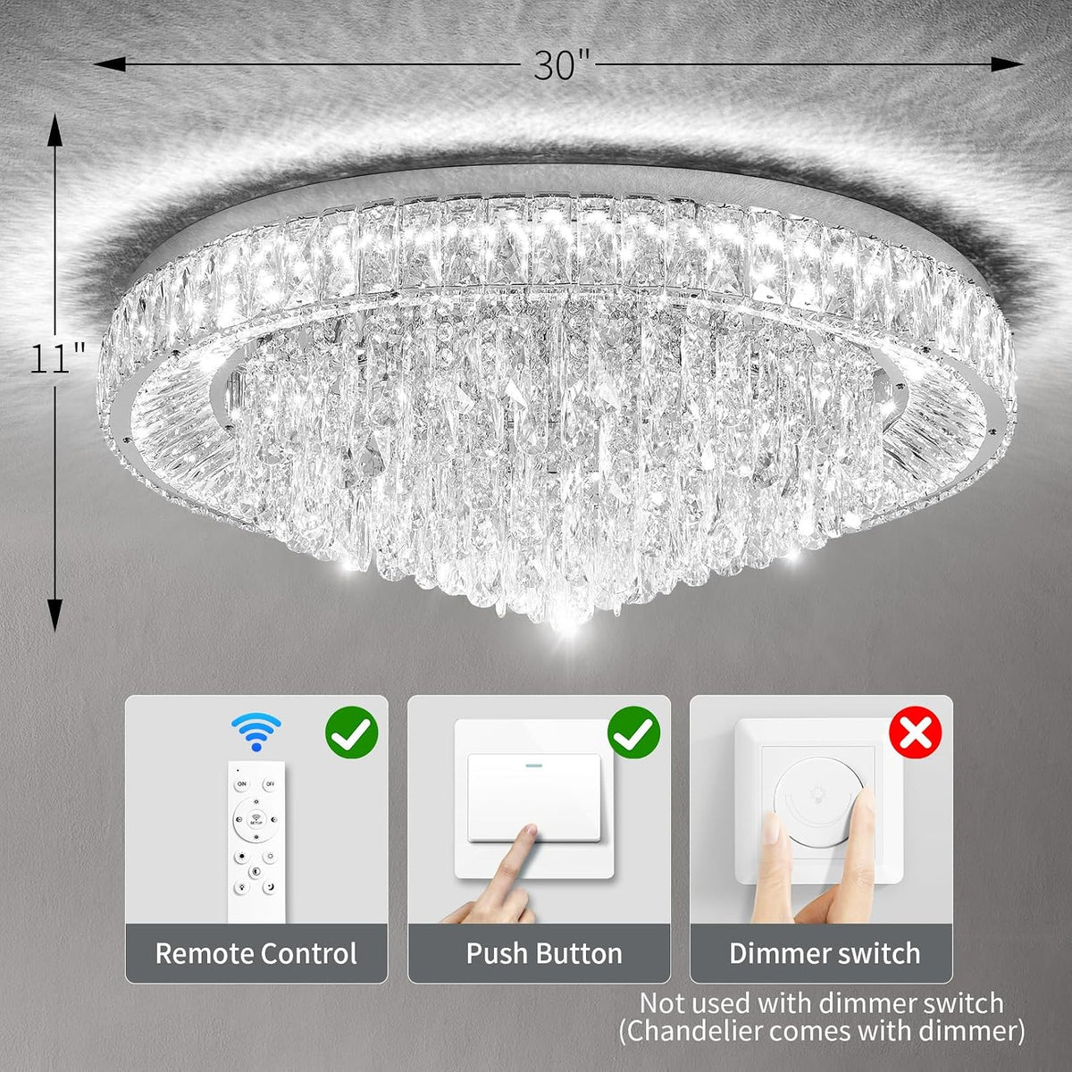 30" Ceiling Silver Crystal Chandeliers: Dimmable 3CCT LED Light with Remote