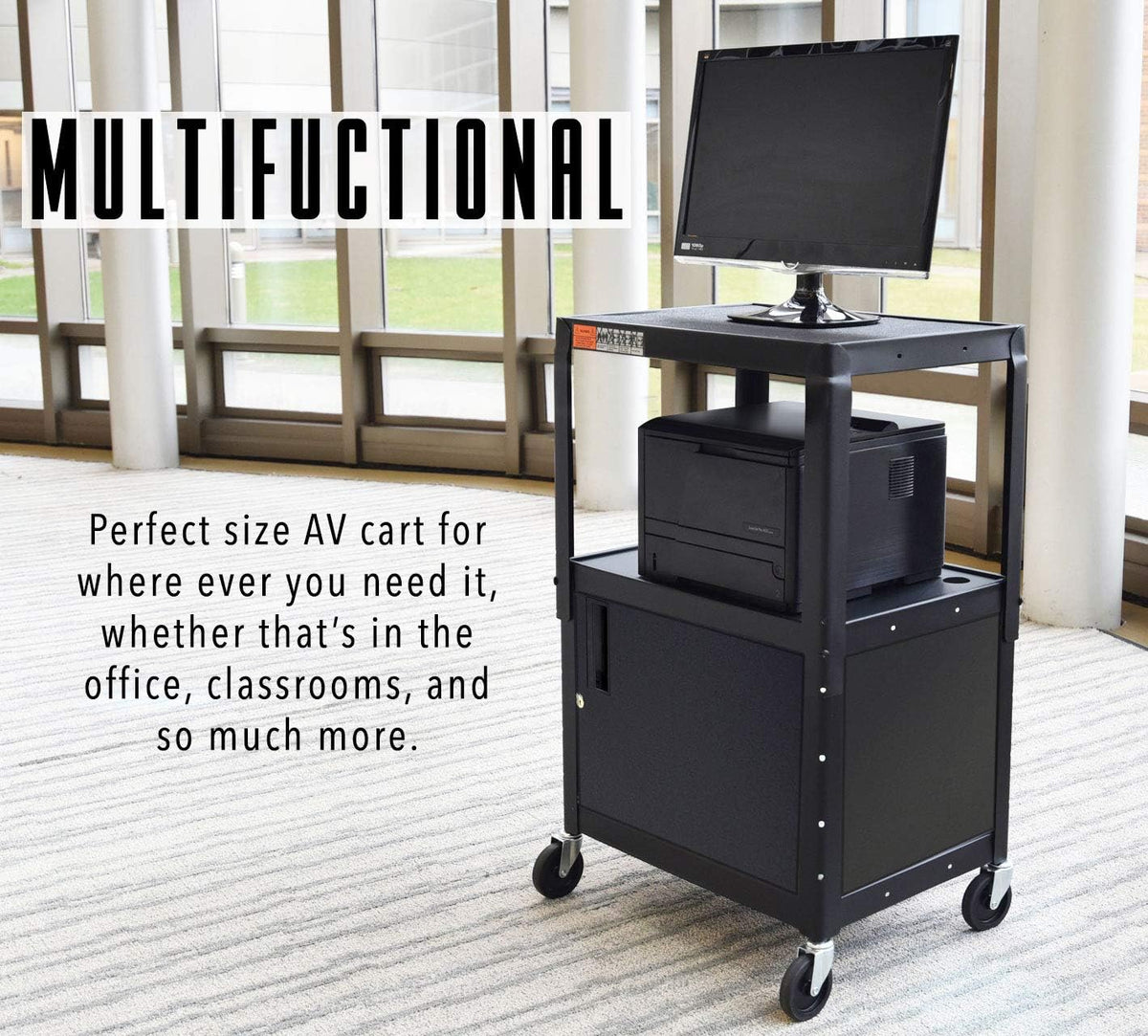 Line Leader AV Cart w/Locking Cabinet, Black Metal Utility Cart with Storage ...