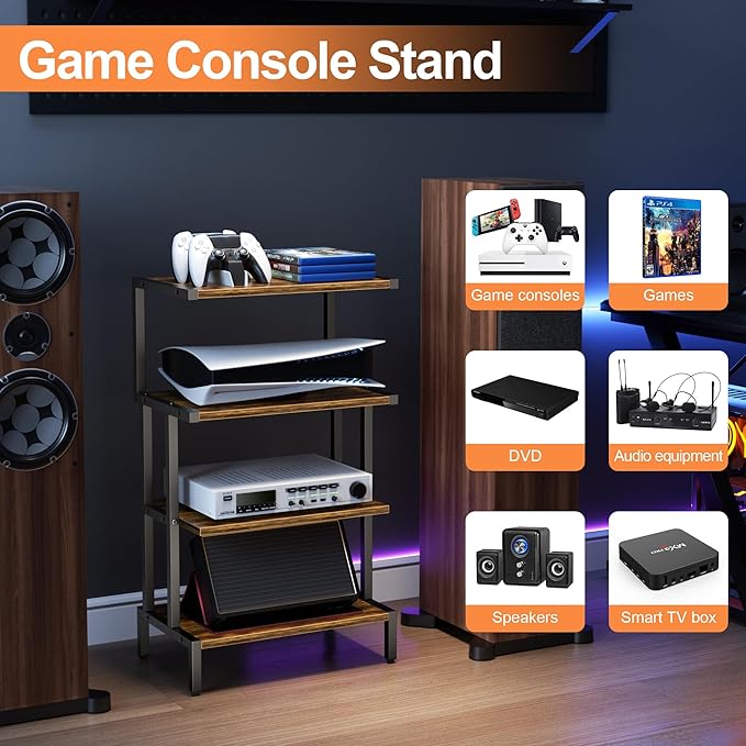 Aquzee Game Console Stands, 4-Tier AV Media Shelf, Stereo Stand, Wood Gaming