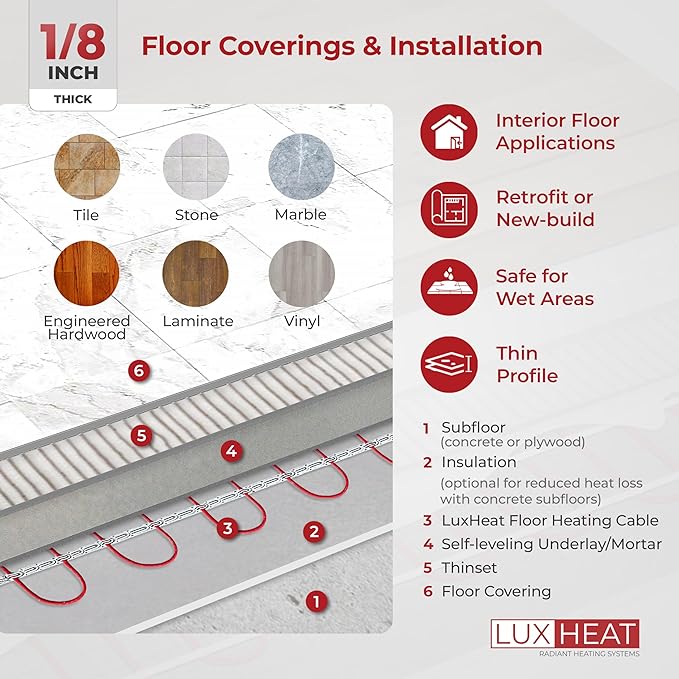 LuxHeat 110sqft Floor Heating Cable Kit - 120v Infloor Heating System -