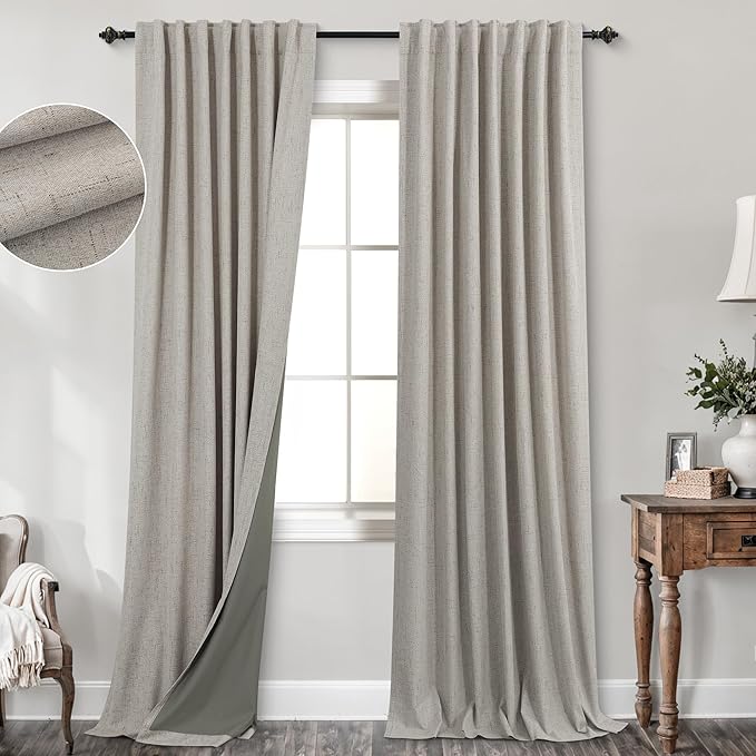 KOUFALL Taupe Back Tab Linen Blackout Curtains