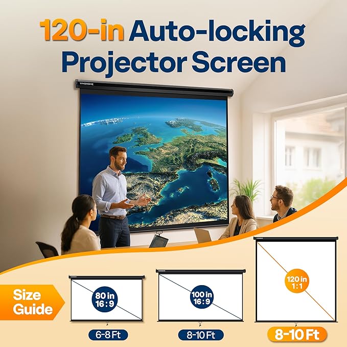 VIVOHOME 120 Inch 1:1 Pull Down Projector Screen, HD 4K Retractable Movie Screen