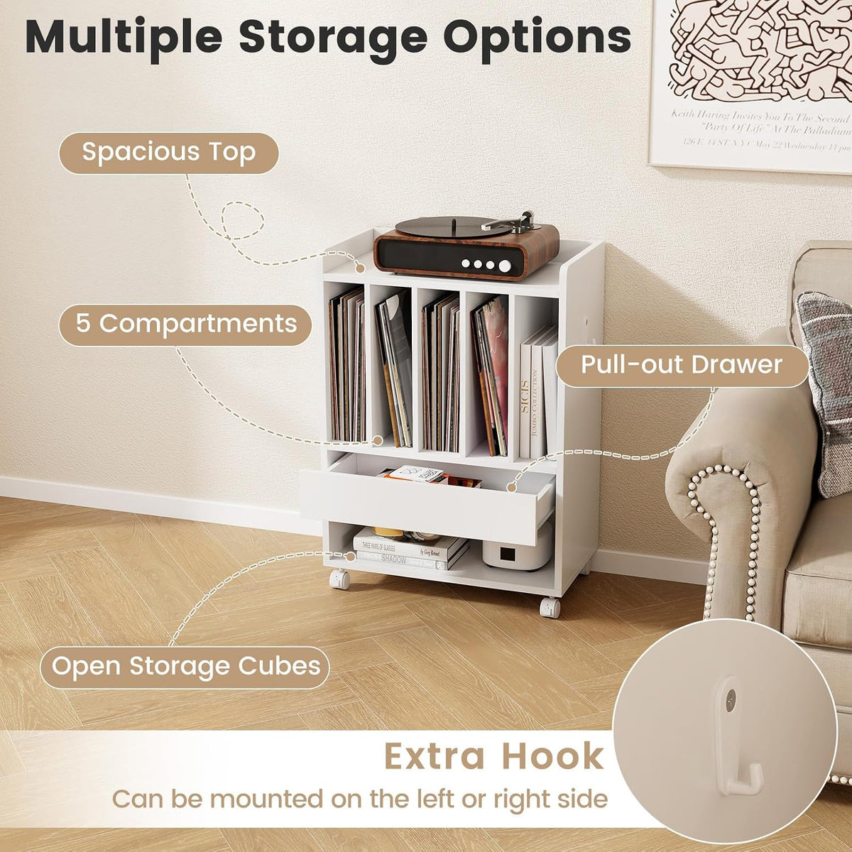Rolling Record Player Stand with 4 Wheel, 5 Compartments, White