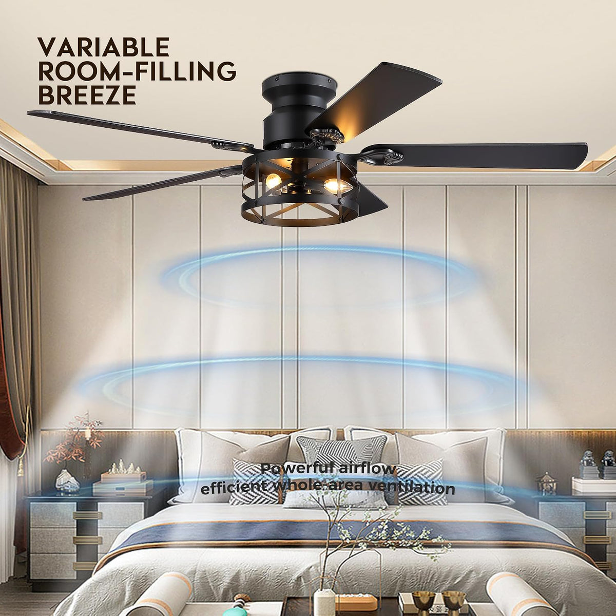 JSAITEE 52in Flush Mount Farmhouse Ceiling Fan with Lights, Caged