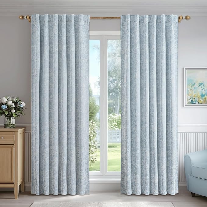 Beauoop Blue Floral Jacquard Blackout Curtains 96 Inches Long 2 Panels