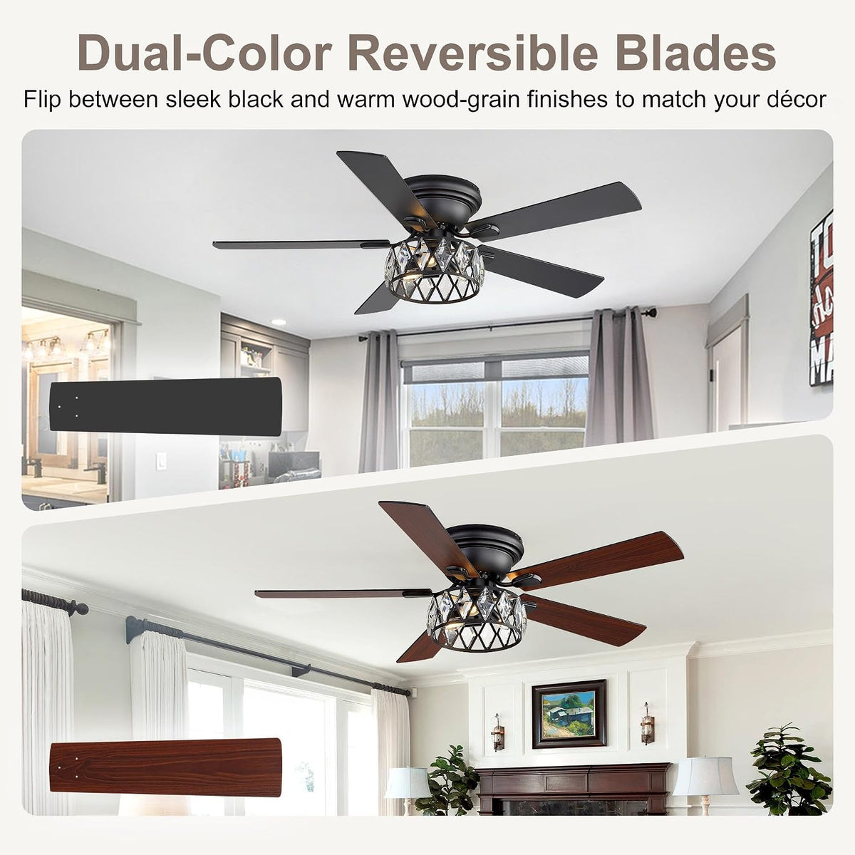 52 Inch Crystal Ceiling Fan With Light And Remote,Flush Mount Ceiling Fans