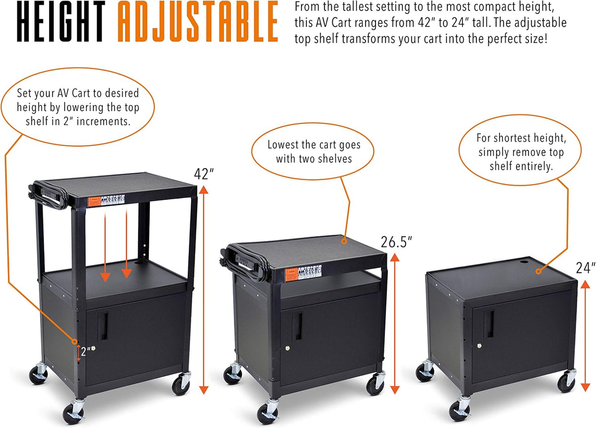 Line Leader AV Cart w/Locking Cabinet, Black Metal Utility Cart with Storage ...