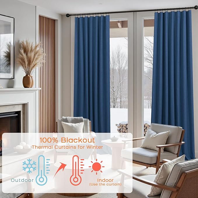 KOUFALL Navy Blue Linen Blackout Curtains 84 Inch Length, Dark Blue Thermal