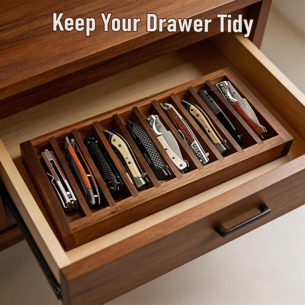 Acacia Wooden Knife Display Case 10 Slot EDC Tray Storage Organizer