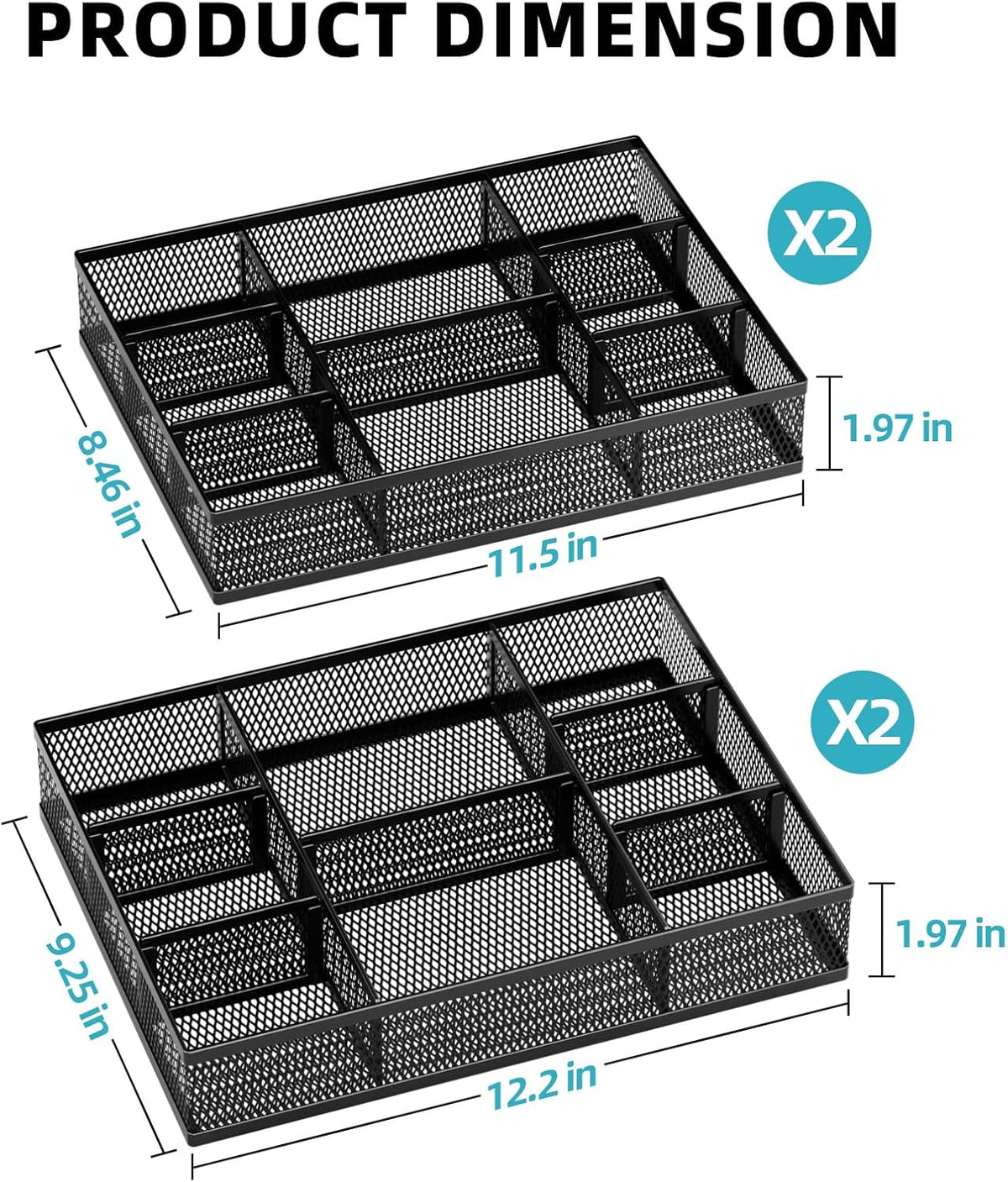 Marbrasse 2 Pack Desk Drawer Organizer, Mesh Drawer Organizer Tray with 8 Adj...