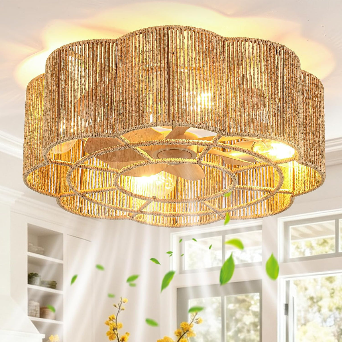 20" Rattan Fandelier Boho Caged Ceiling Fan with Lights Low Profile