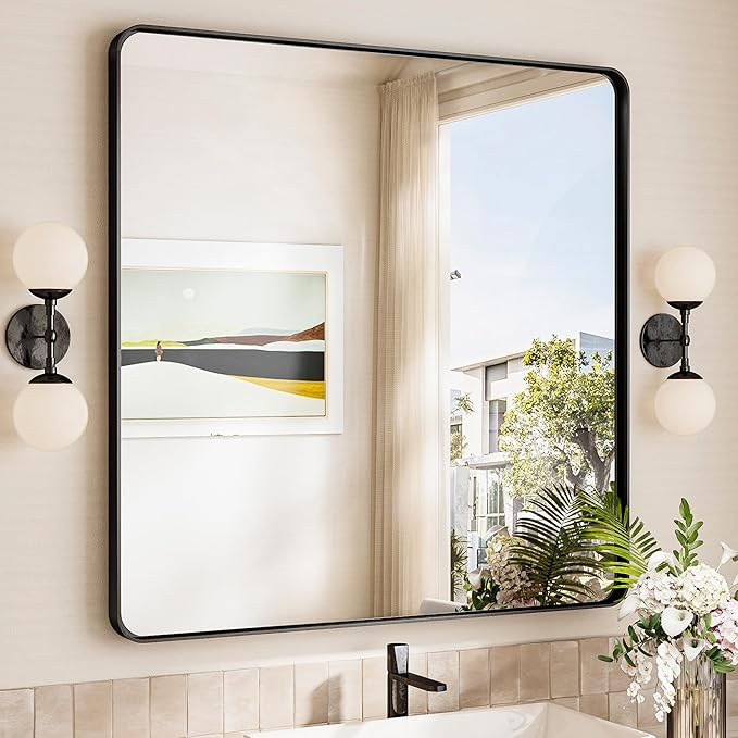 TokeShimi 36x36 Matte Black Bathroom Mirror, Bathroom Vanity Mirror Square