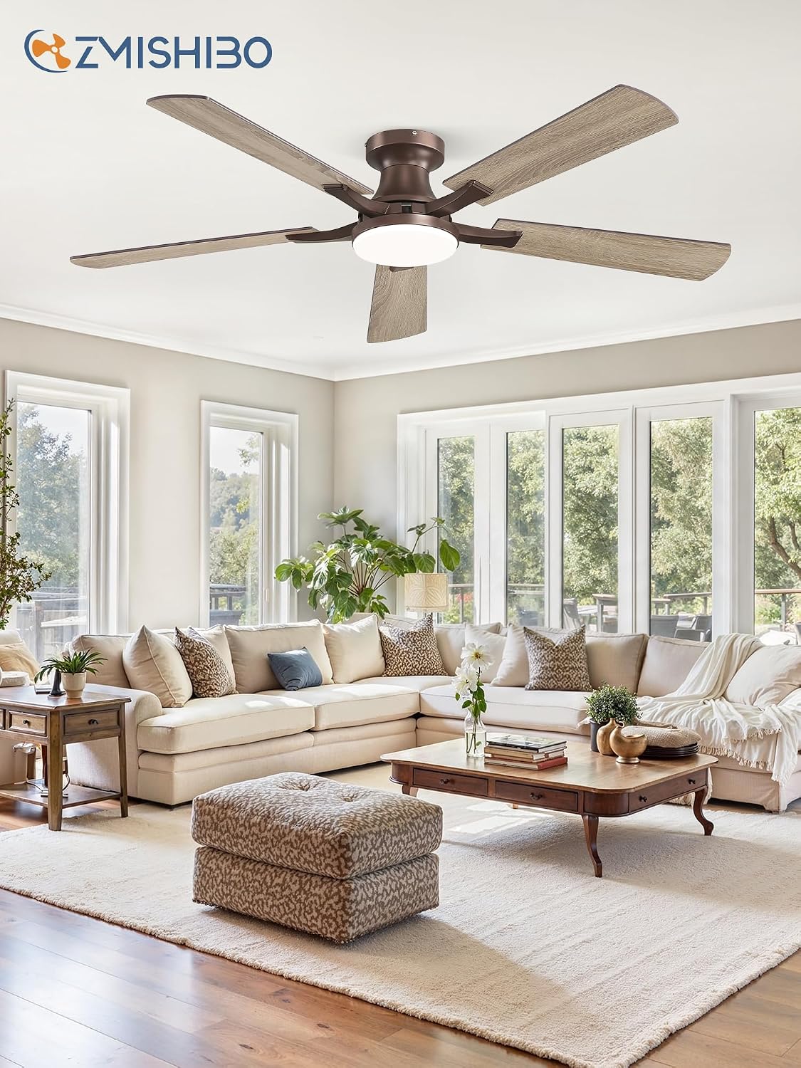 ZMISHIBO 52 Inch Ceiling Fans with Lights, Remote&App Control, Flush Mount