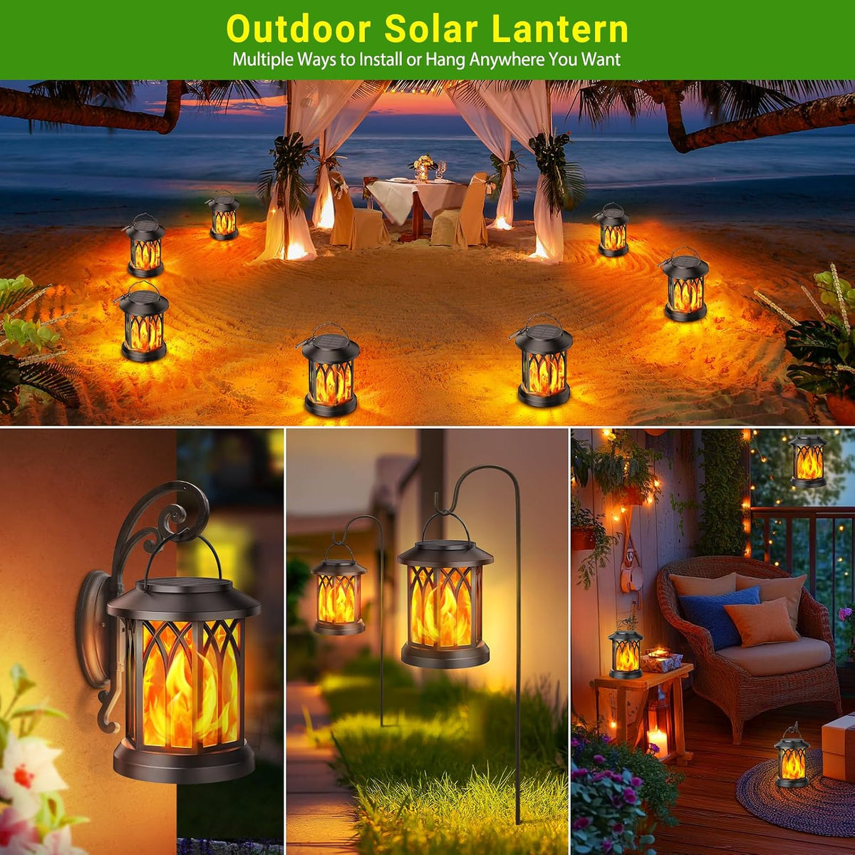 KOOPER 4 Pack Solar Lantern Outdoor Lights, Upgraded Flickering Flame Solar L...