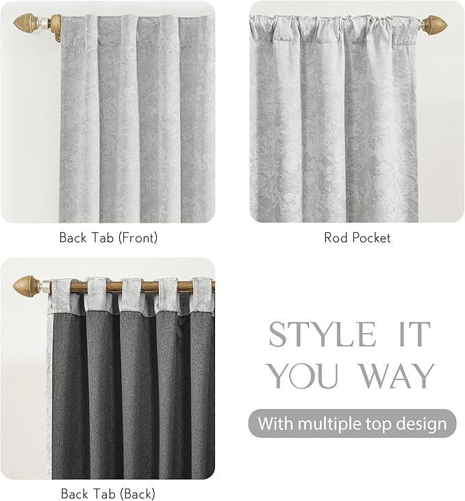 Beauoop Grey Floral Jacquard Blackout Curtains 108 Inches Long 2 Panels