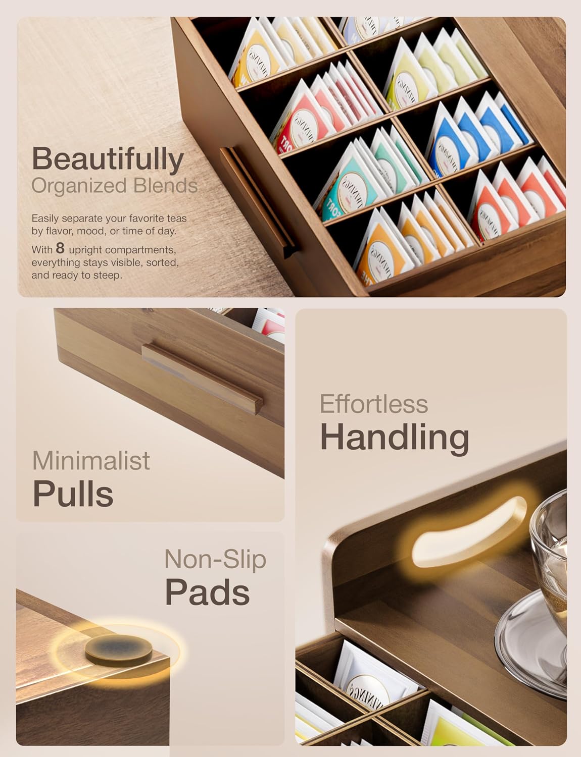 Acacia Wooden Tea Box Organizer with Drawer for Countertop Display