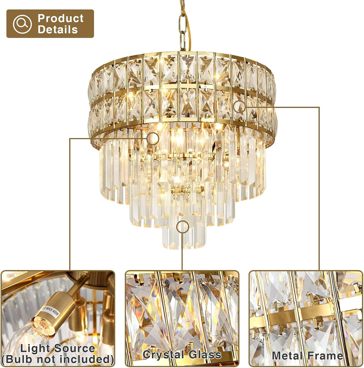 Modern Crystal Chandelier Gold Pendant, Round Crystal Light Fixture Hanging L...