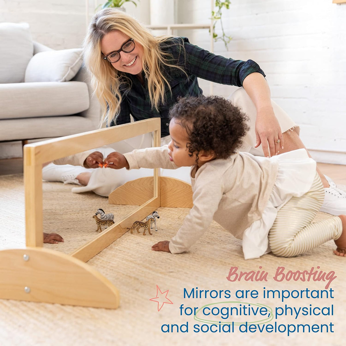 ECR4Kids Double-Sided Wooden Bi-Directional Mirror, Montessori, Natural | Dur...