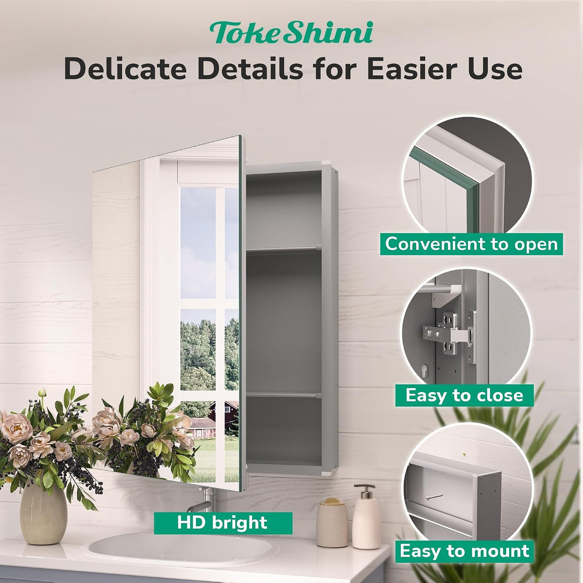 TokeShimi 30 x 26 Silver Aluminum Medicine Cabinet Mirror for Bathroom Surfac...
