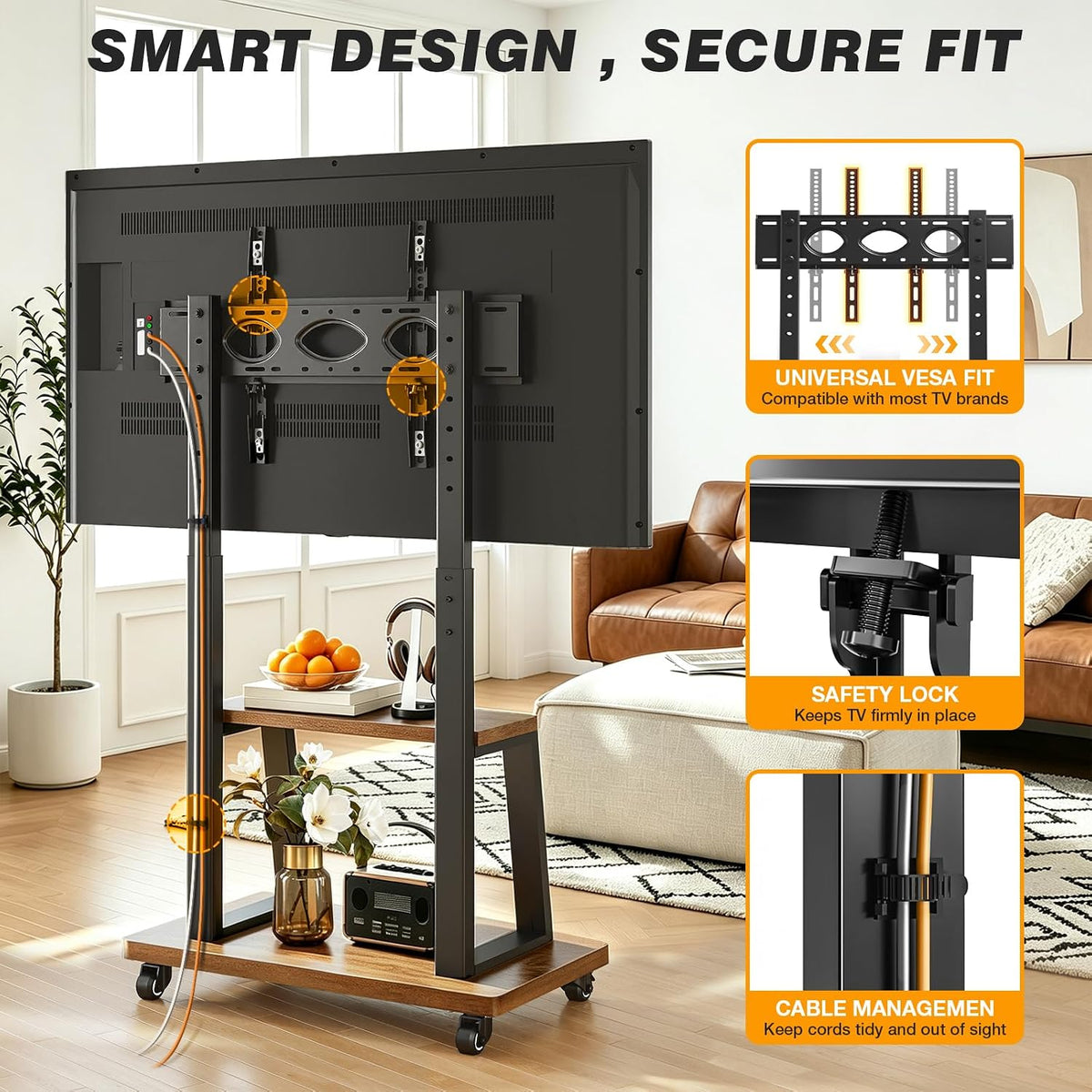 Mobile TV Cart for 37"-75" TVs, Heavy Duty Rolling Stand with Wheels