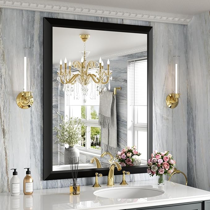 Amorho Black Bathroom Mirror, 28x36 Inch Thick Metal Framed Wall Mirrors