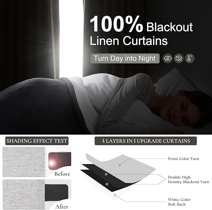 Gray 100% Black Out Linen Curtains 86 Inches Long 2 Panels Set