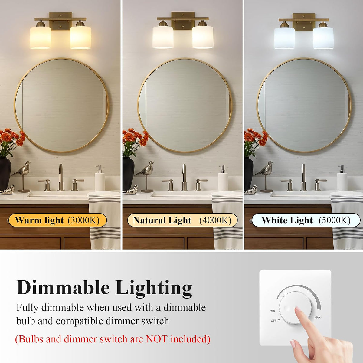 Milk Glass Vanity Lights for Bathroom, 2 Light Antique Matte Brass Bathroom V...