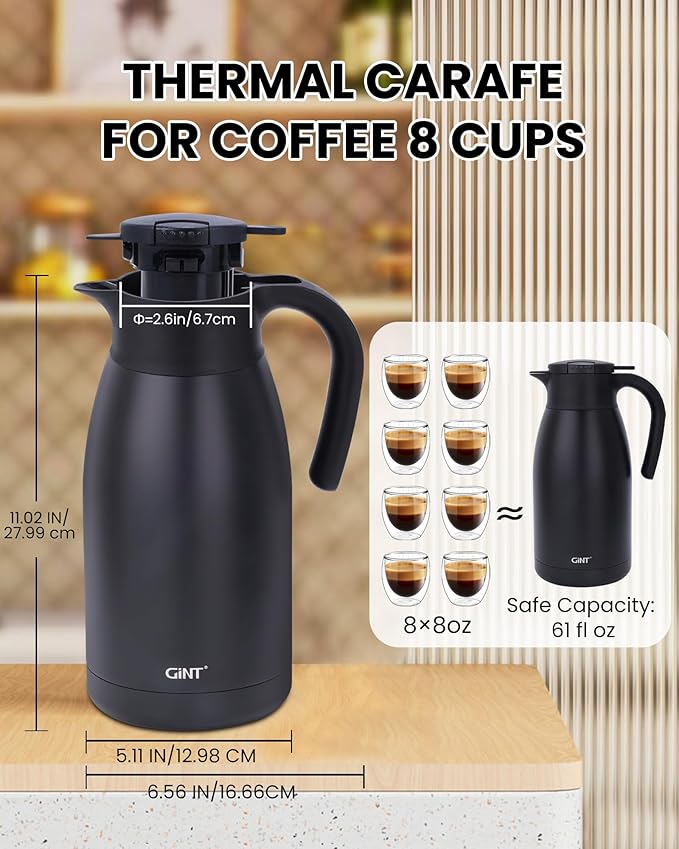 GiNT 1.9L / 64Oz Thermal Coffee Carafe, Insulated Stainless Steel Coffee Carafes