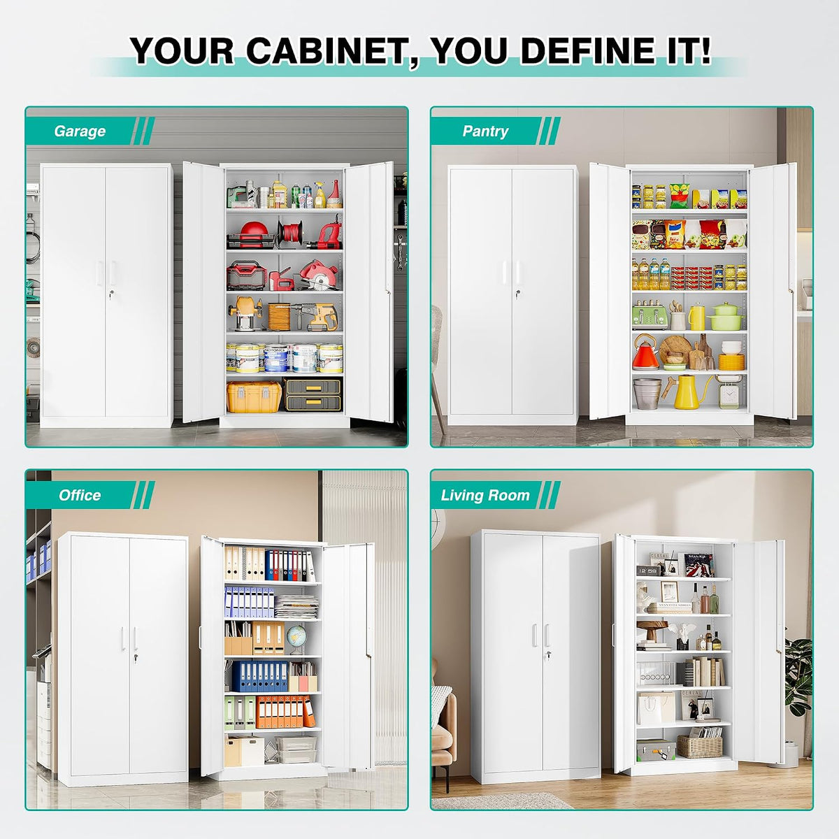 SISESOL White Metal Storage Cabinet with 2 Doors and 6 Shelves,71" Tall ...