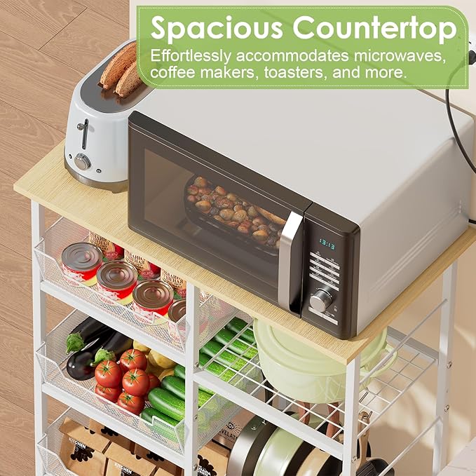 Rolling Kitchen Storage Microwave Cart & Kitchen Island on Wheels, Adjust...