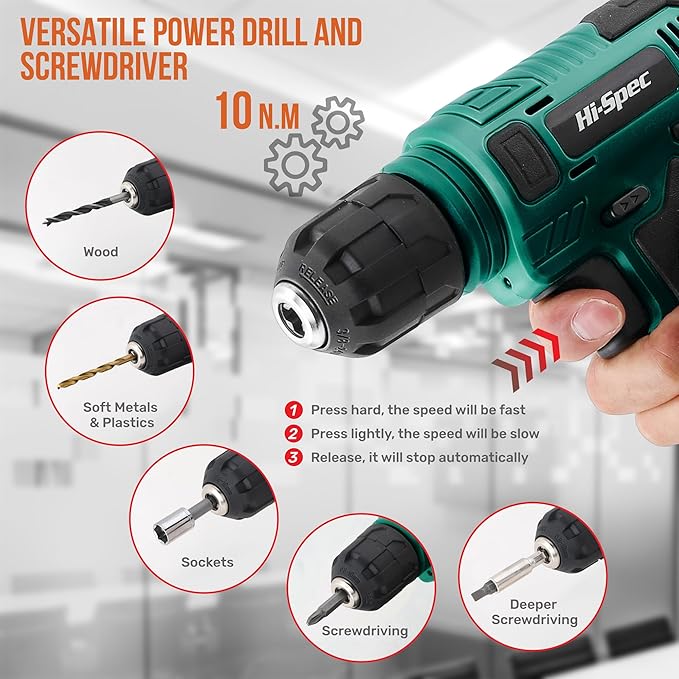 Hi-Spec 110pc Green 8V USB Electric Power Cordless Drill Driver Set. Drill Bits