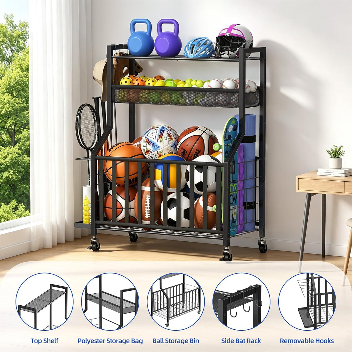 Samstar Garage Sports Equipment Organizer, Ball Storage Rack with Wheels
