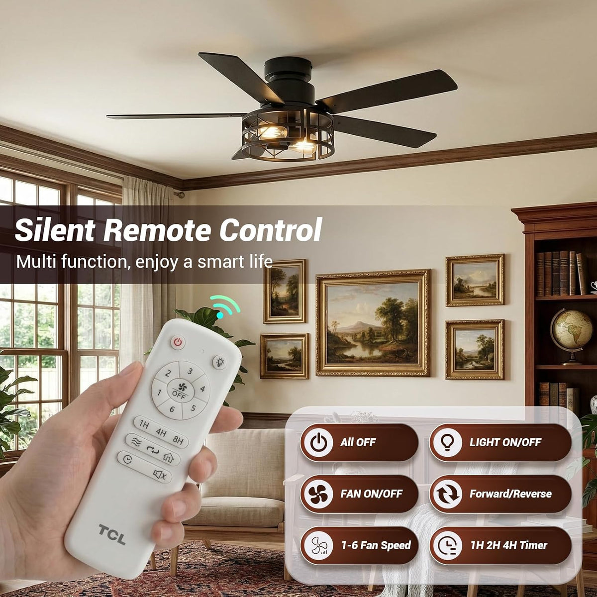 TCL 52" Black Caged Flush Mount Ceiling Fan with Light & Remote
