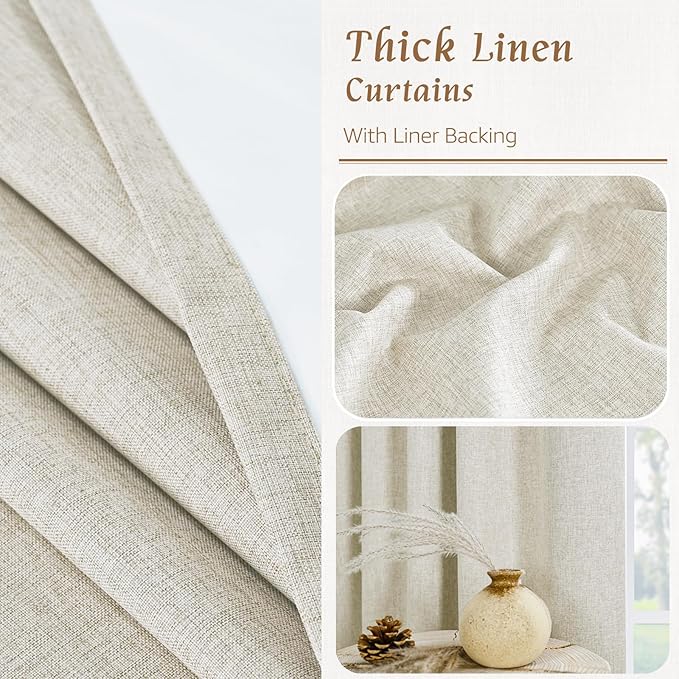 LAMIT 100% Blackout Natural Linen Curtains, 63 Inches Linen Textured Thermal