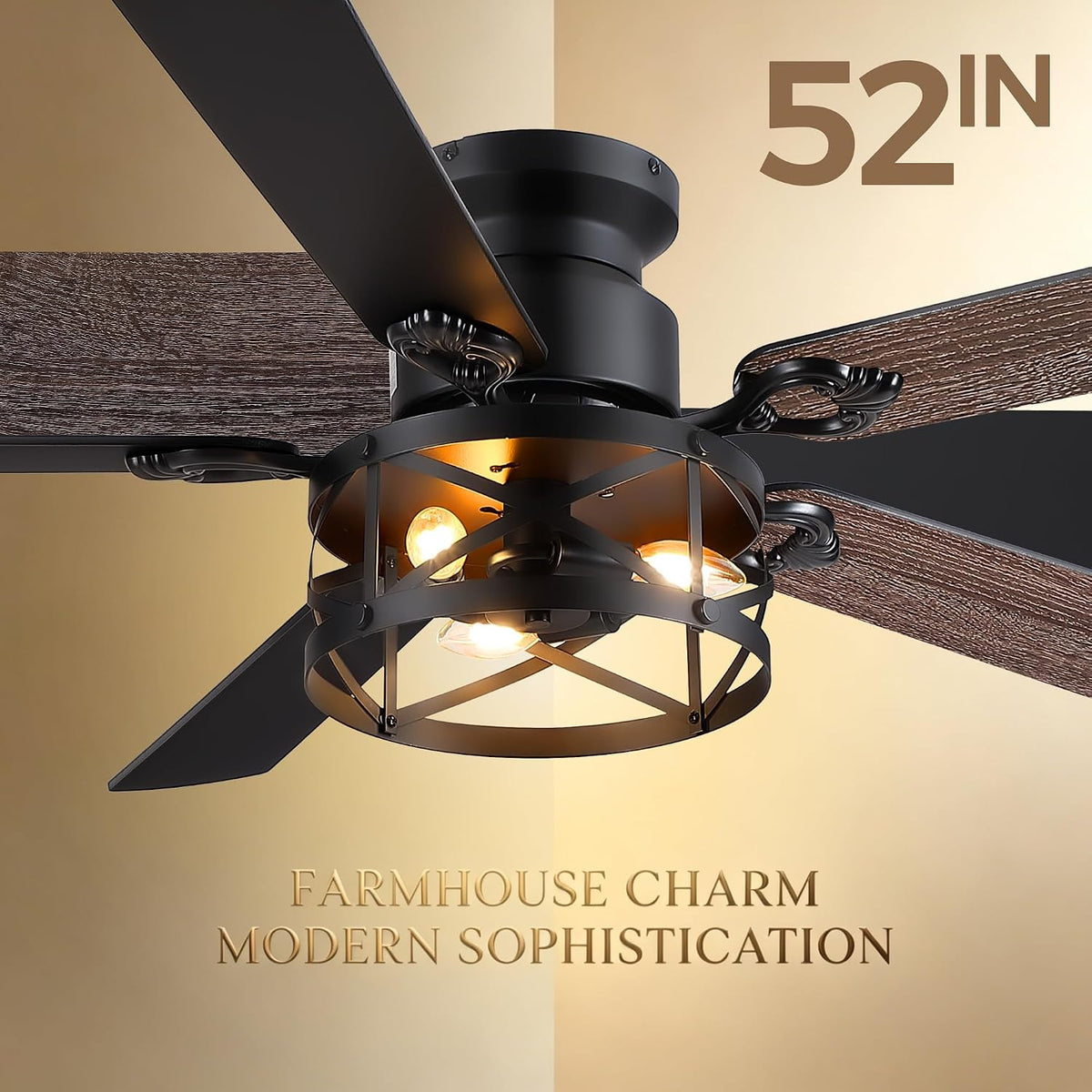 JSAITEE 52in Flush Mount Farmhouse Ceiling Fan with Lights, Caged