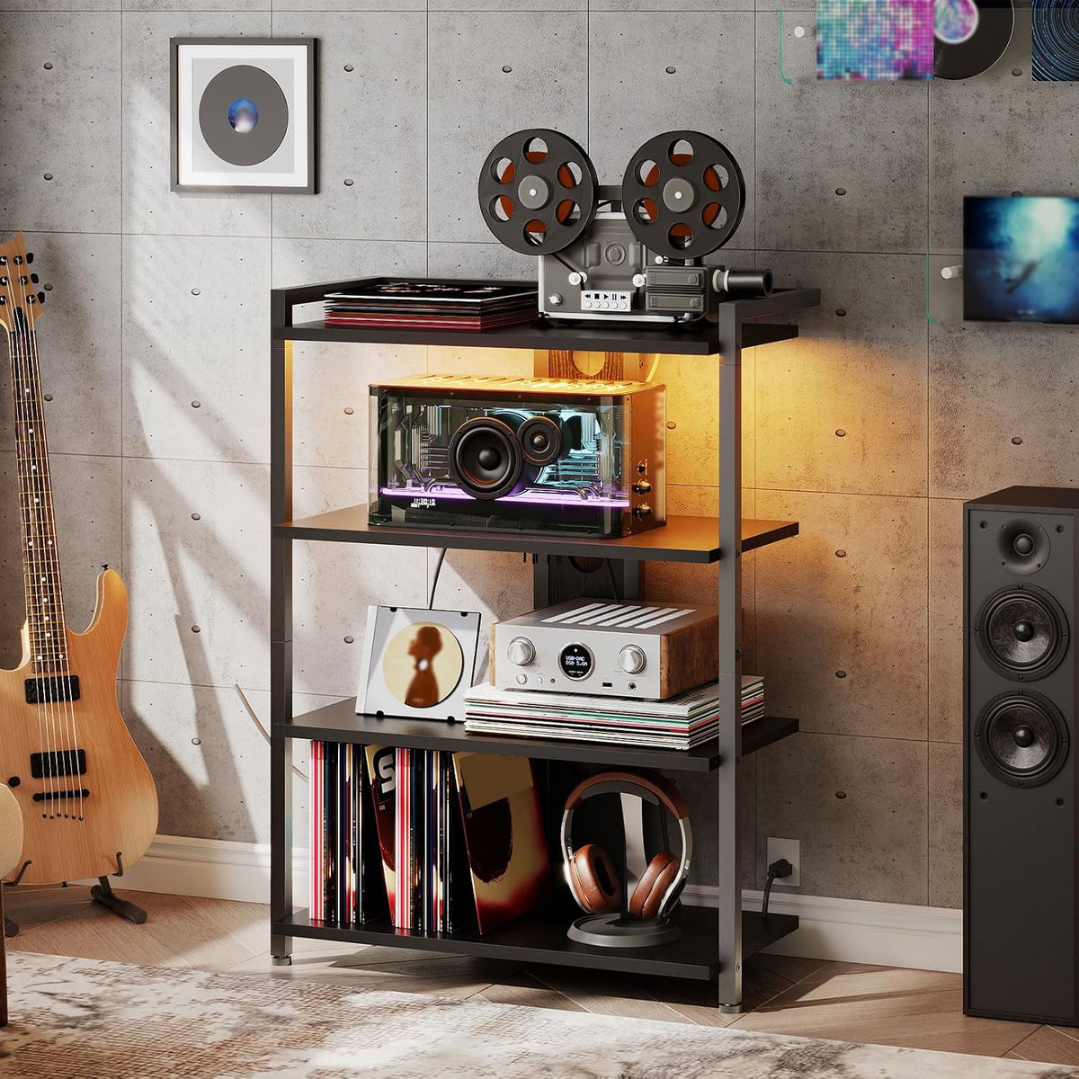 HOOBRO 4-Tier AV Media Stand, Media Console with Charging Station