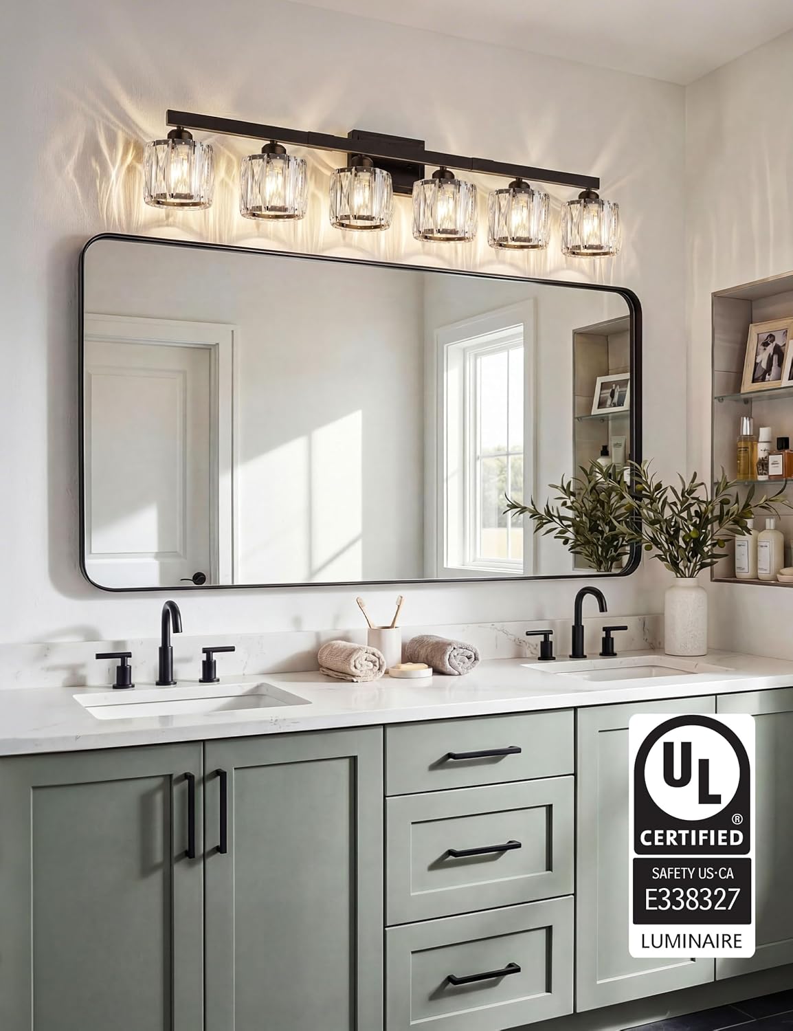 VOLISUN Crystal Vanity Light, 6‑Light Matte Black Bathroom Wall Fixture