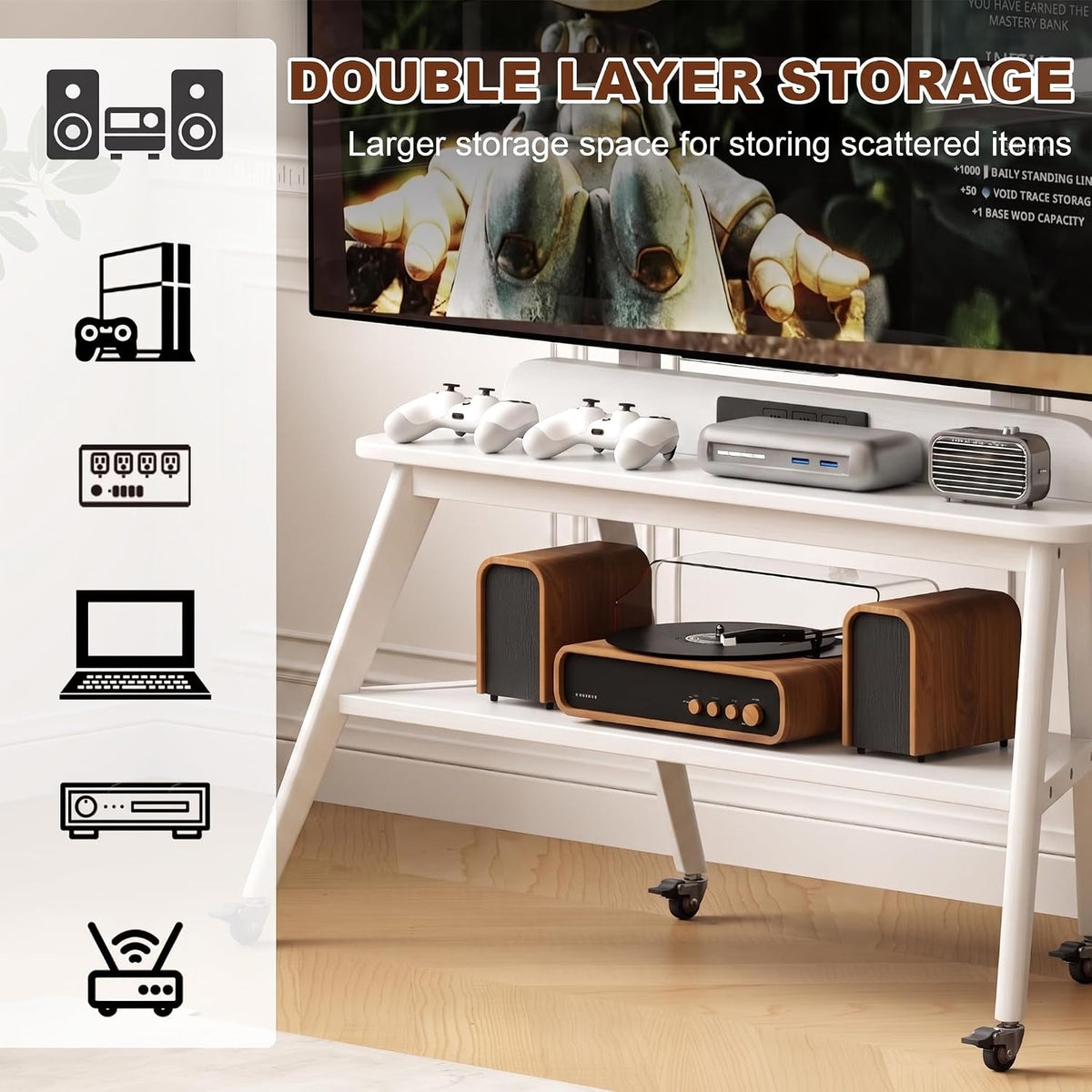 Solid Wood Rolling TV Stand with Power Outlet, Mobile TV Stand