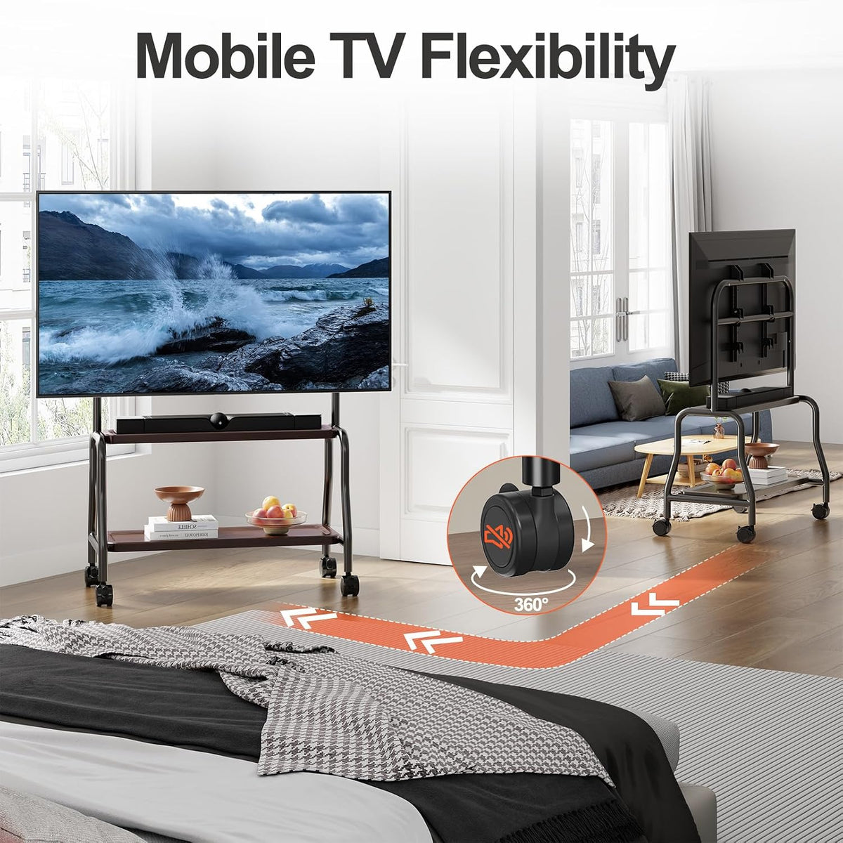 Easel Rolling TV Stand on Wheels for 32-75 Inch TVs with Double Shelves