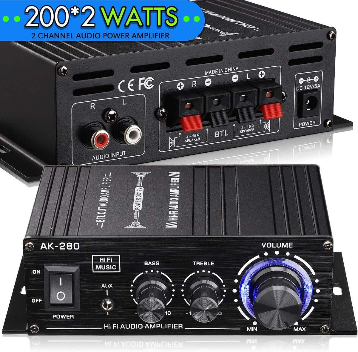 Facmogu AK280 200W Mini 2.0 CH Audio Power Amplifier, Speaker Amp Receiver