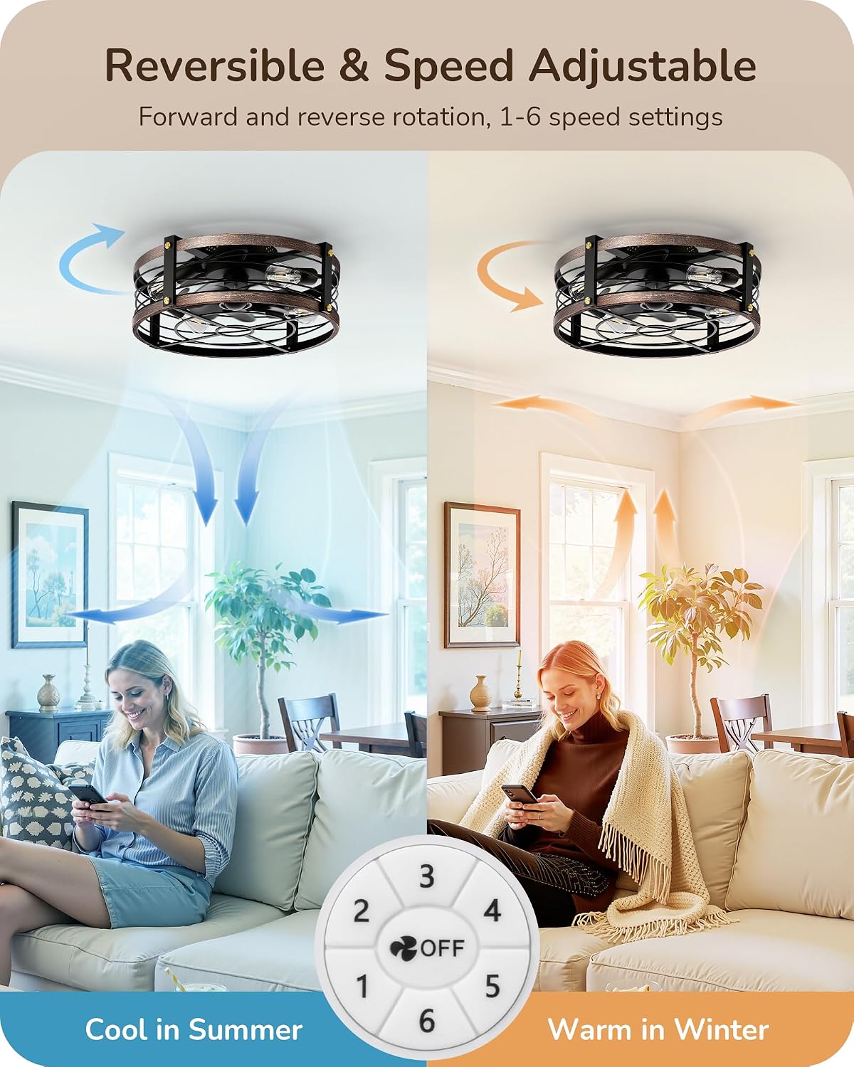 EDISHINE 21" Pre-Assembled Ceiling Fans with Lights Flush Moun,Low Profile