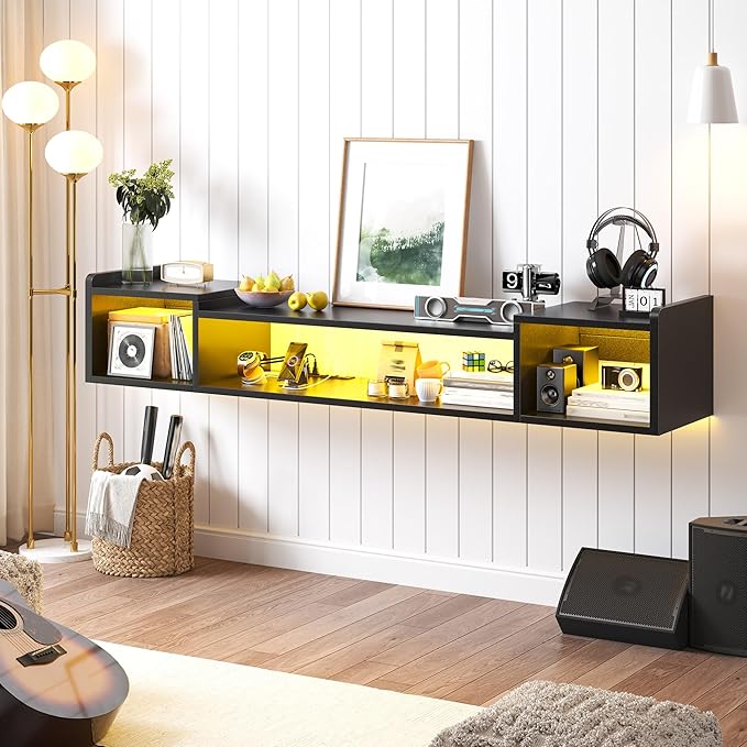 70.9"W Floating TV Stand with LED Lights & Power Outlets