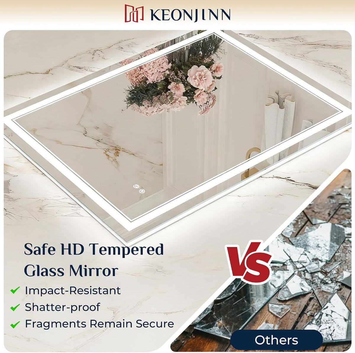 Keonjinn 48" x 30" LED Mirror for Bathroom, Front & Backlit, Te...