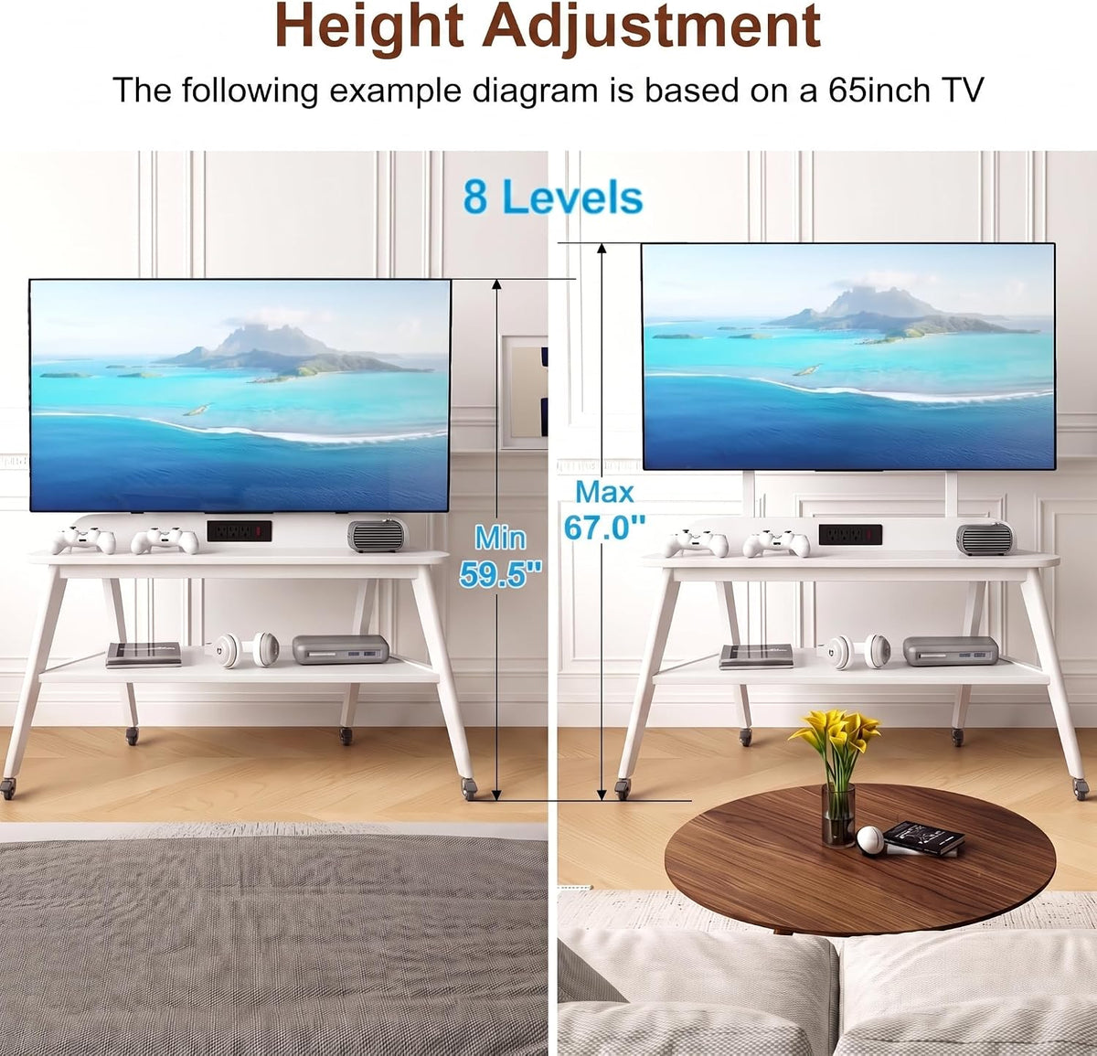 Solid Wood Rolling TV Stand with Power Outlet, Mobile TV Stand