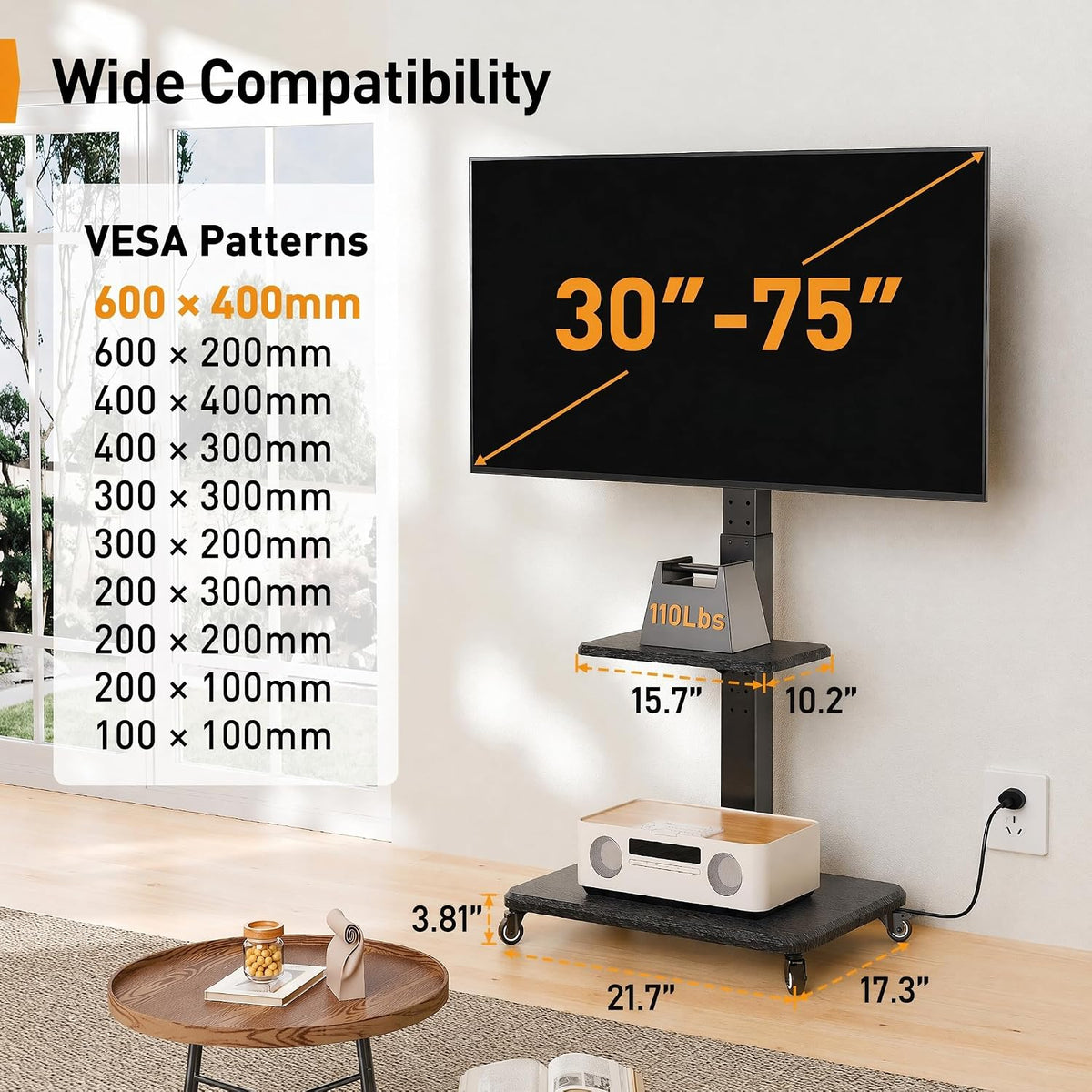 Perlegear Mobile TV Stand with Power Outlet, Tilt & Swivel Rolling TV Sta...