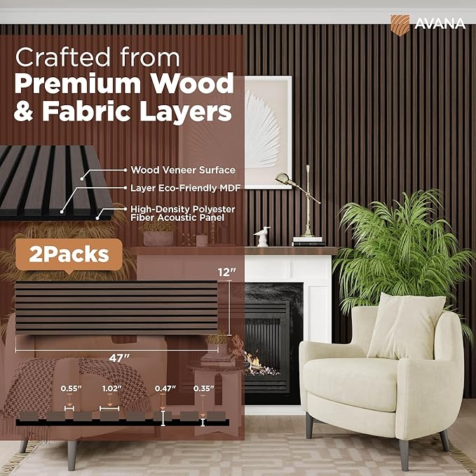 Avana Acoustic Wood Wall Panels – 47.2 x 12.6 Inch Dark Walnut Oak Acoustic (...