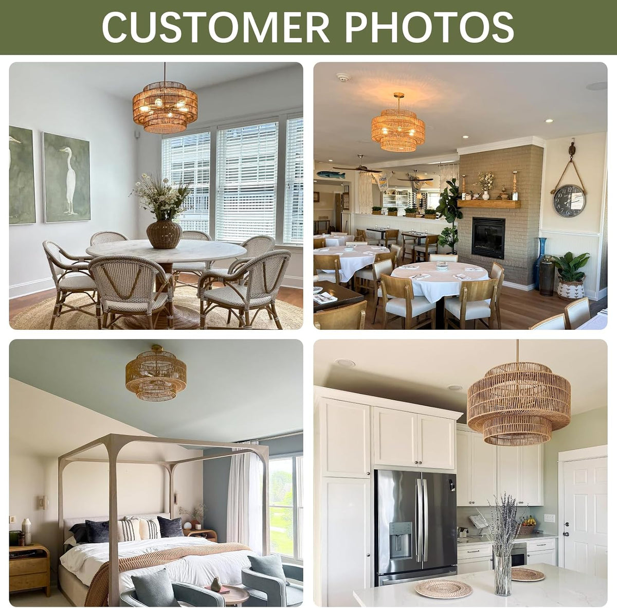 24" Rattan Chandelier for Dining Room, Large Boho Pendant Light