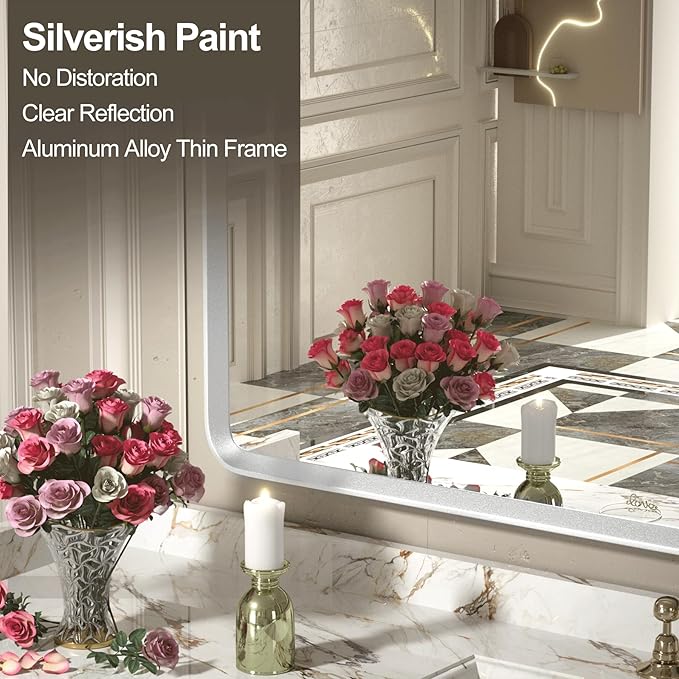 55x40 Inch Silver Framed Mirror, Brushed Nickel, Rounded Rectangle Mirror