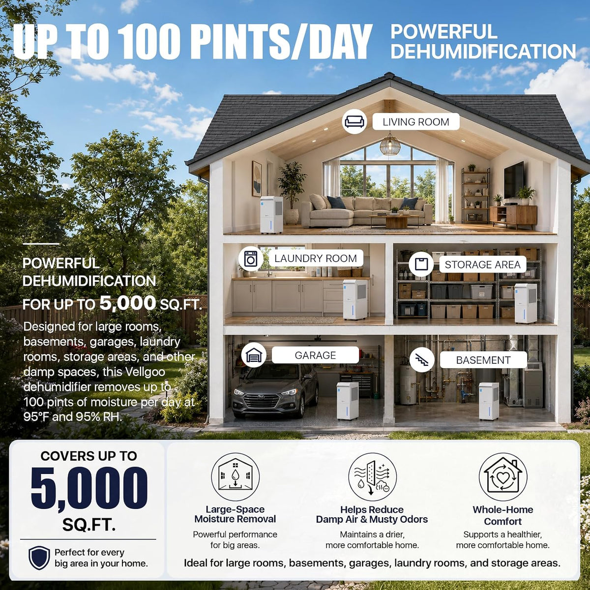 Dehumidifier for Basement, Home and Garage, Max 100 Pint/Day 5000 Sq.Ft