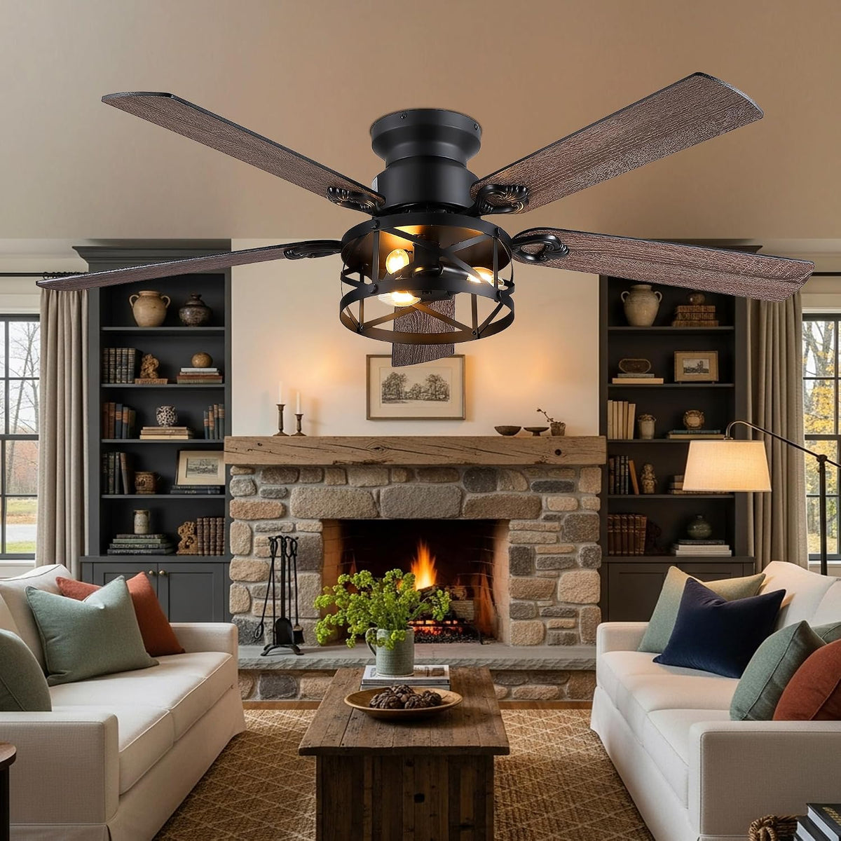 JSAITEE 52in Flush Mount Farmhouse Ceiling Fan with Lights, Caged